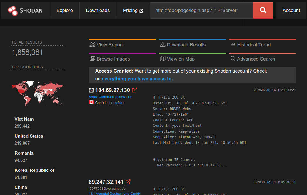Hikvision systems on Shodan