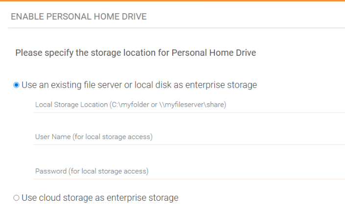 Triofox personal home drive configuration page